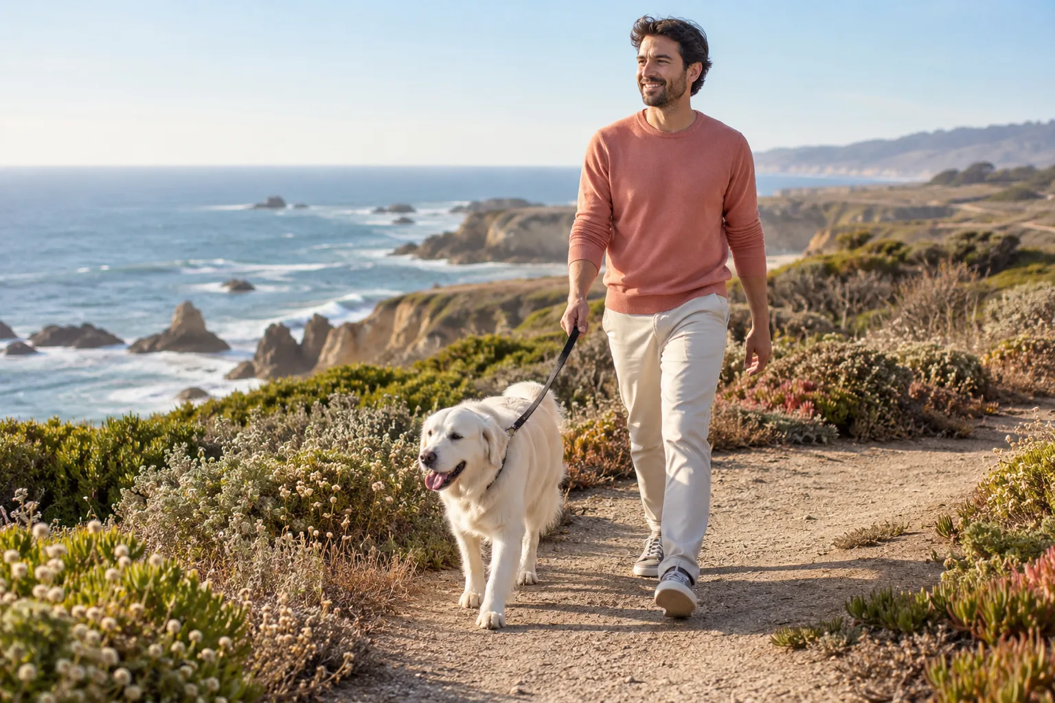 Owner walking a dog along a coastal path